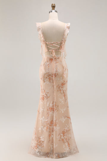 Champagne Floral Sheath Long Bridesmaid Dress With Slit